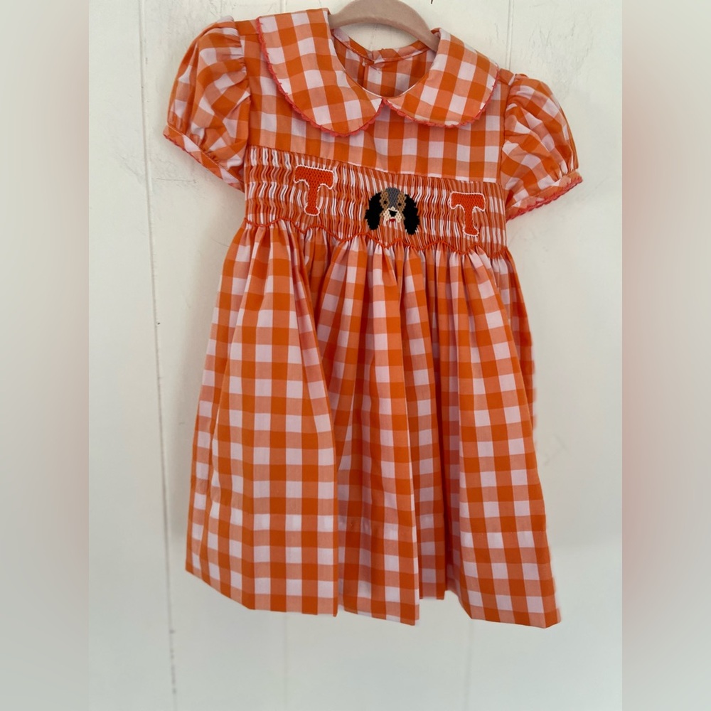 Tennessee VOLS Smocked Orange White Gingham Bow Dress Smokey Dog Sz 12 Months - Picture 5 of 13